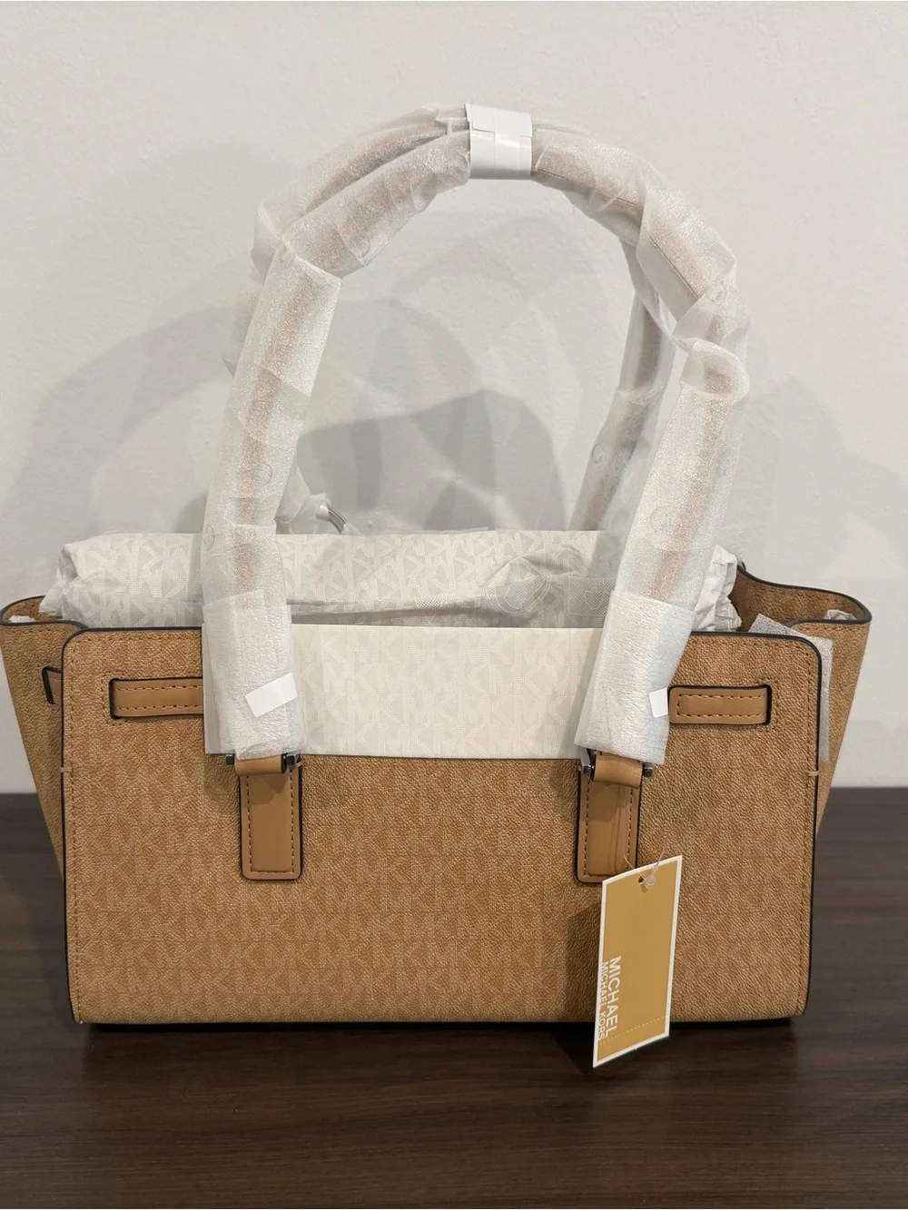 Michael Kors Camel Signature Satchel with Logo Charm
